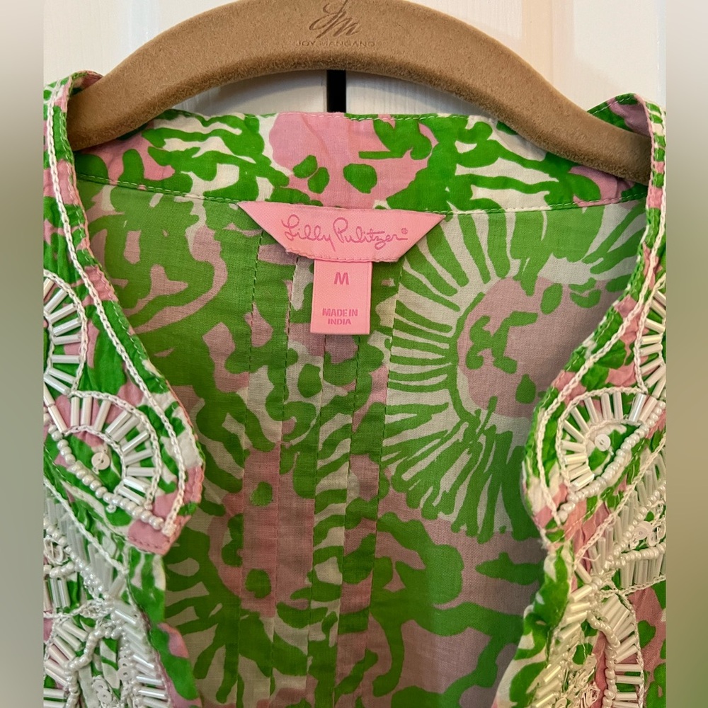 Lilly Pulitzer Green and Pink Sunnyside Lion Print Beaded Tunic NWOT Size M - Picture 2 of 8